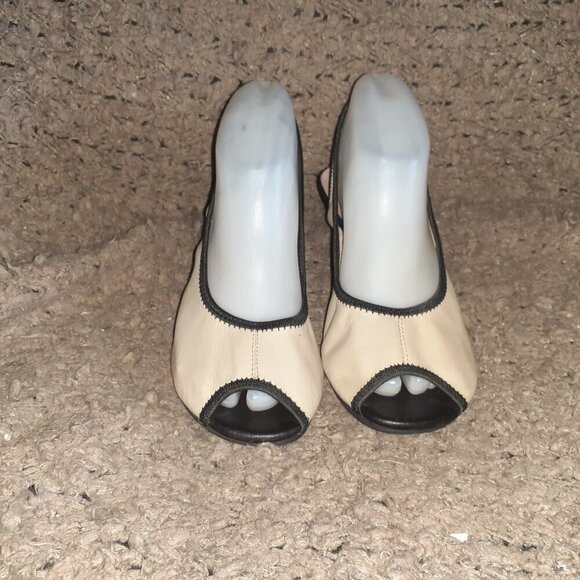 MIZ MOOZ-Dory-Beige Leather/Black Elastic Stretch Slingbacks-Sz 38.5-Excellent - Picture 3 of 7